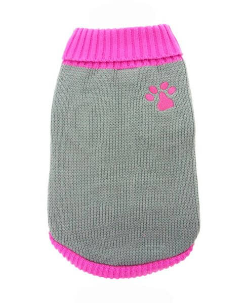 Rückenansicht Hundepullover grau mit rosa Buendchen